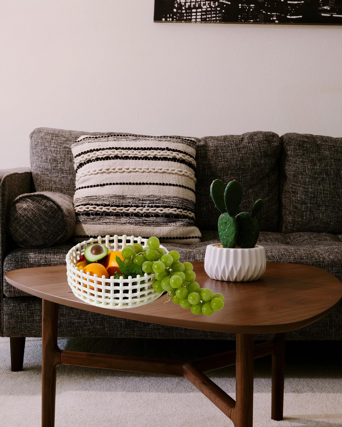 UPWOIGH Large Beige Circular Glazed Ceramic Fruit Basket Bowl, 10.8x3.85in Big Modern Table Decor Handmade Premium Personalized Ceramic Decorative Storage Organizer for kitchen, Breads,Vegetables,Gift