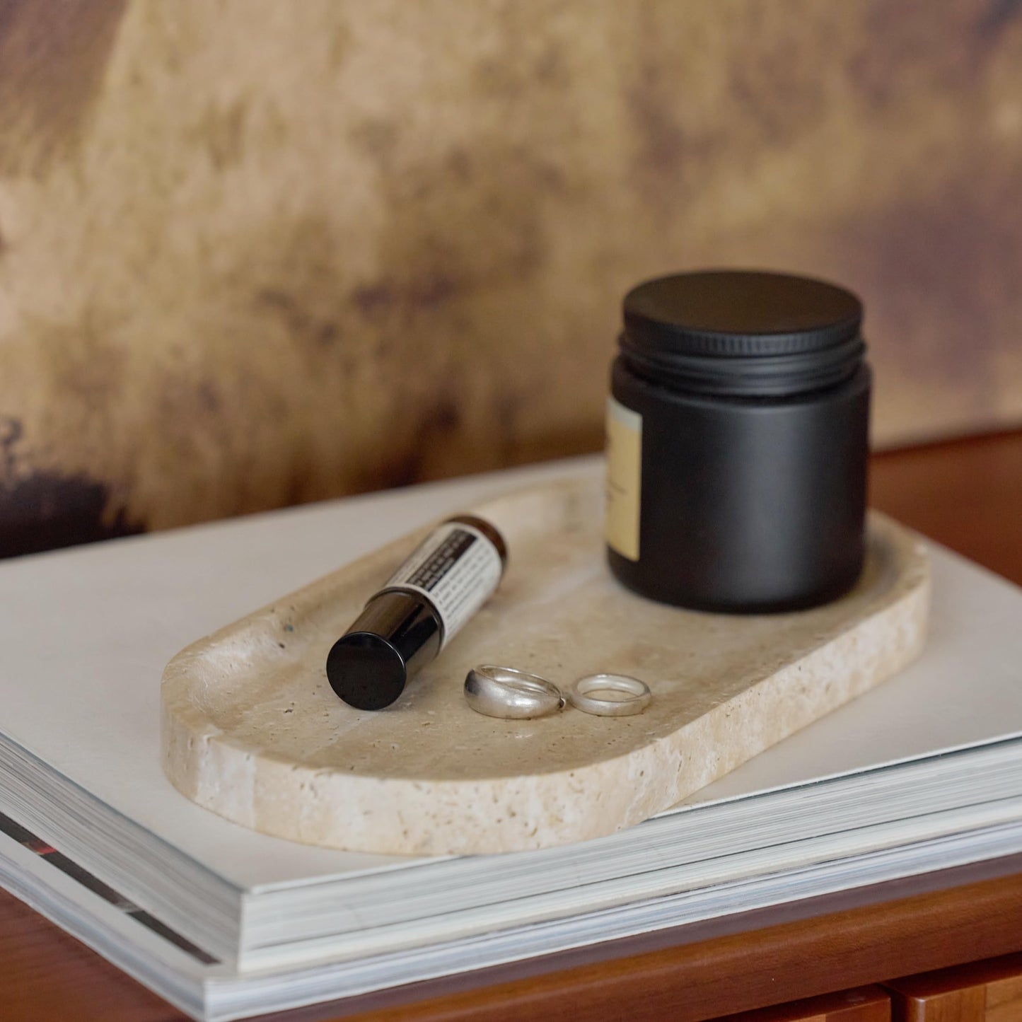 WILD WORKS Natural Travertine Oval Tray - 100% Real Stone Handcrafted, Modern Multi-Purpose Decorative Organizer for Kitchen, Bathroom, Living Room Home Decor