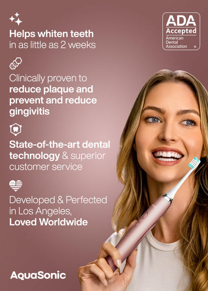 Aquasonic Vibe Series Ultra Whitening Toothbrush ADA Accepted Electric Toothbrush - 8 Brush Heads & Travel Case - Ultra Sonic Motor & Wireless Charging - 4 Modes w Smart Timer Satin Rose Gold