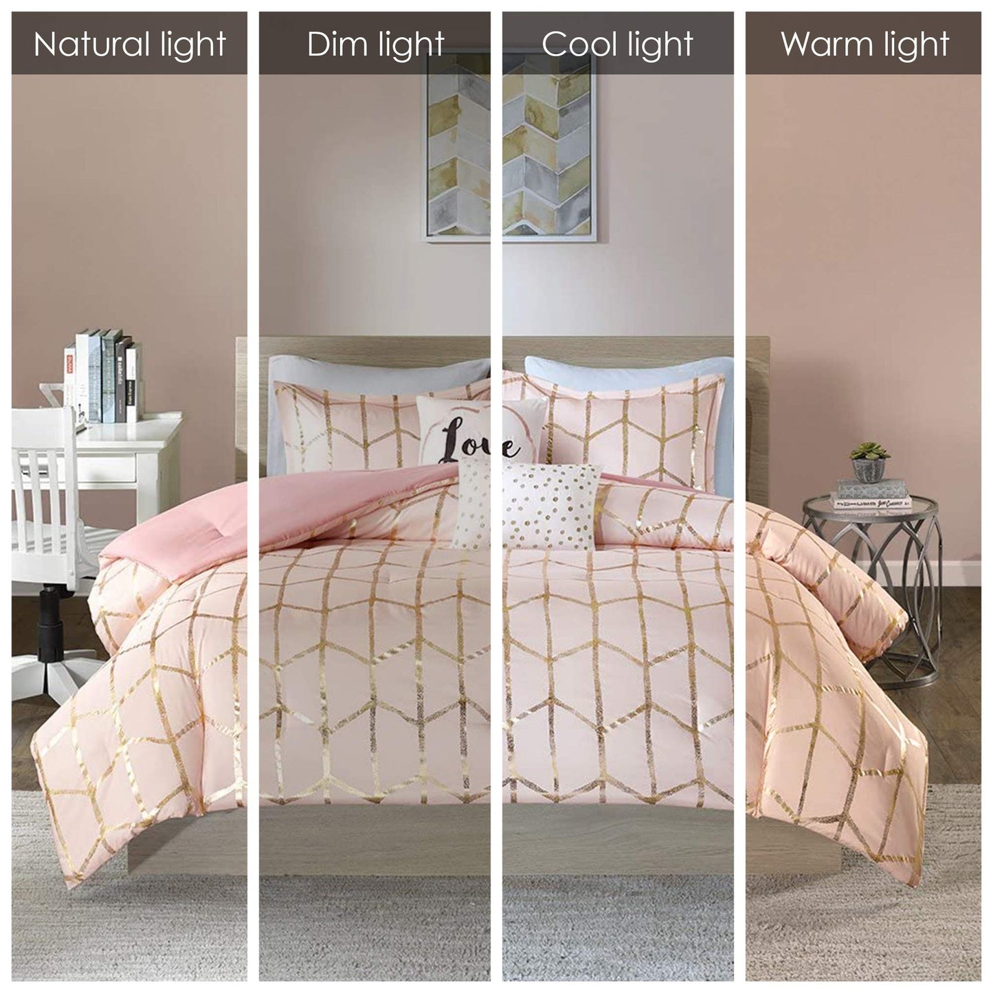 Intelligent Design Raina King/Cal King Comforter Set, Soft Microfiber, Modern Geometric Metallic Bed Set, 5 Pieces College Bedding with 2 Shams, 2 Toss Pillows Blush/Gold
