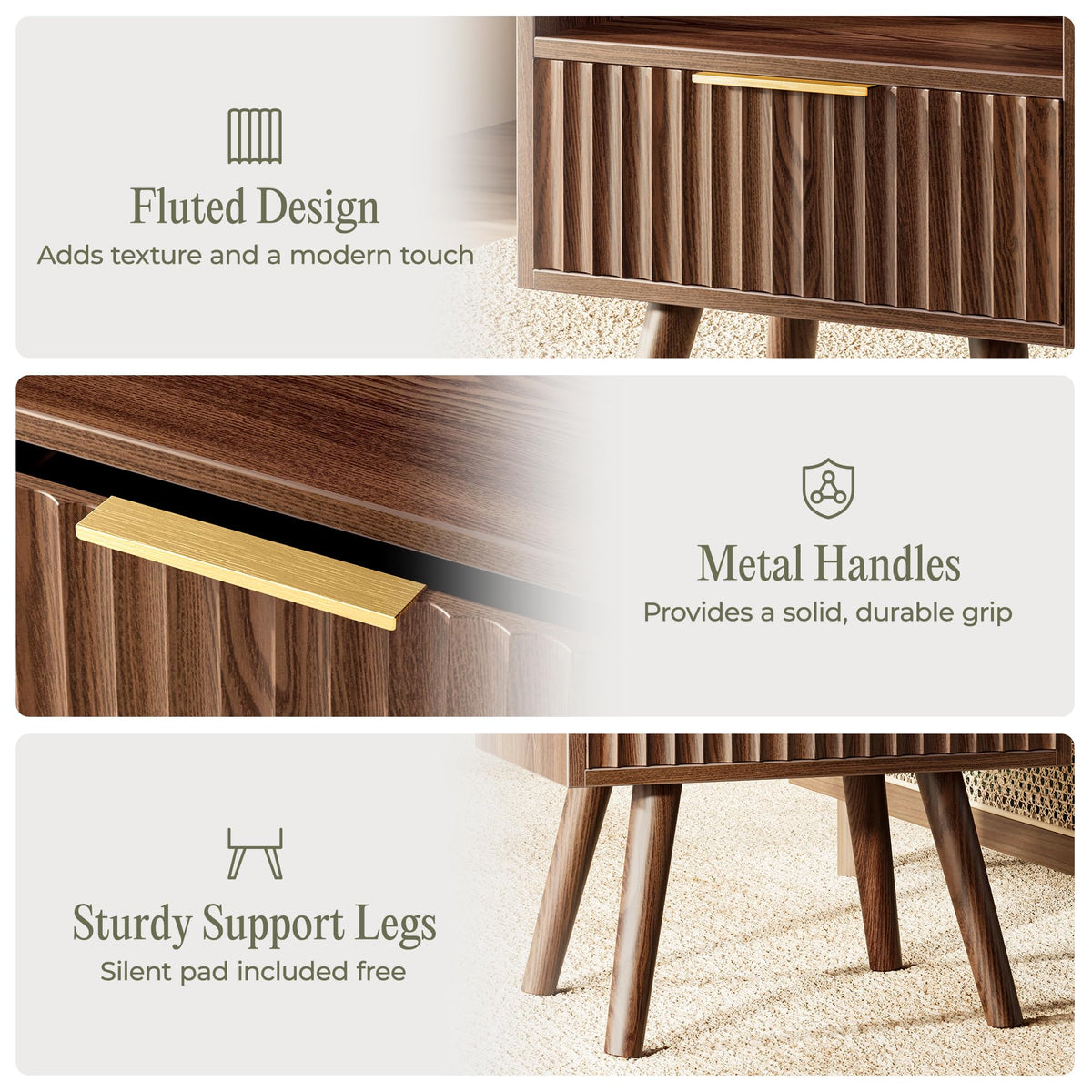 Huuger Nightstand with Charging Station, USB-C Port, Fluted Night Stand Set of 2, Bed Side Table with Drawer, Solid Wood Feet, Open Storage, End Table with Raised Edge, for Bedroom, Walnut