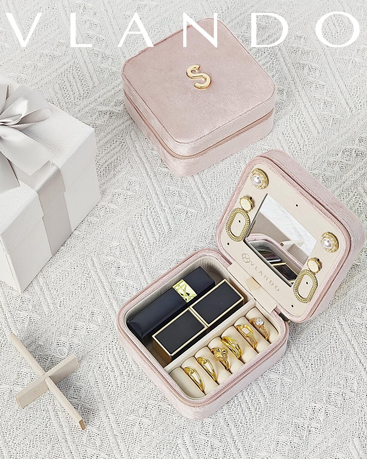 VLANDO Mothers Day Mom Gifts for Women, Travel Jewelry Case for Women, A Initial Jewelry Case, Mini Jewelry Travel Organizer Travel Essentials for Travel Gift- Letter A, Pink