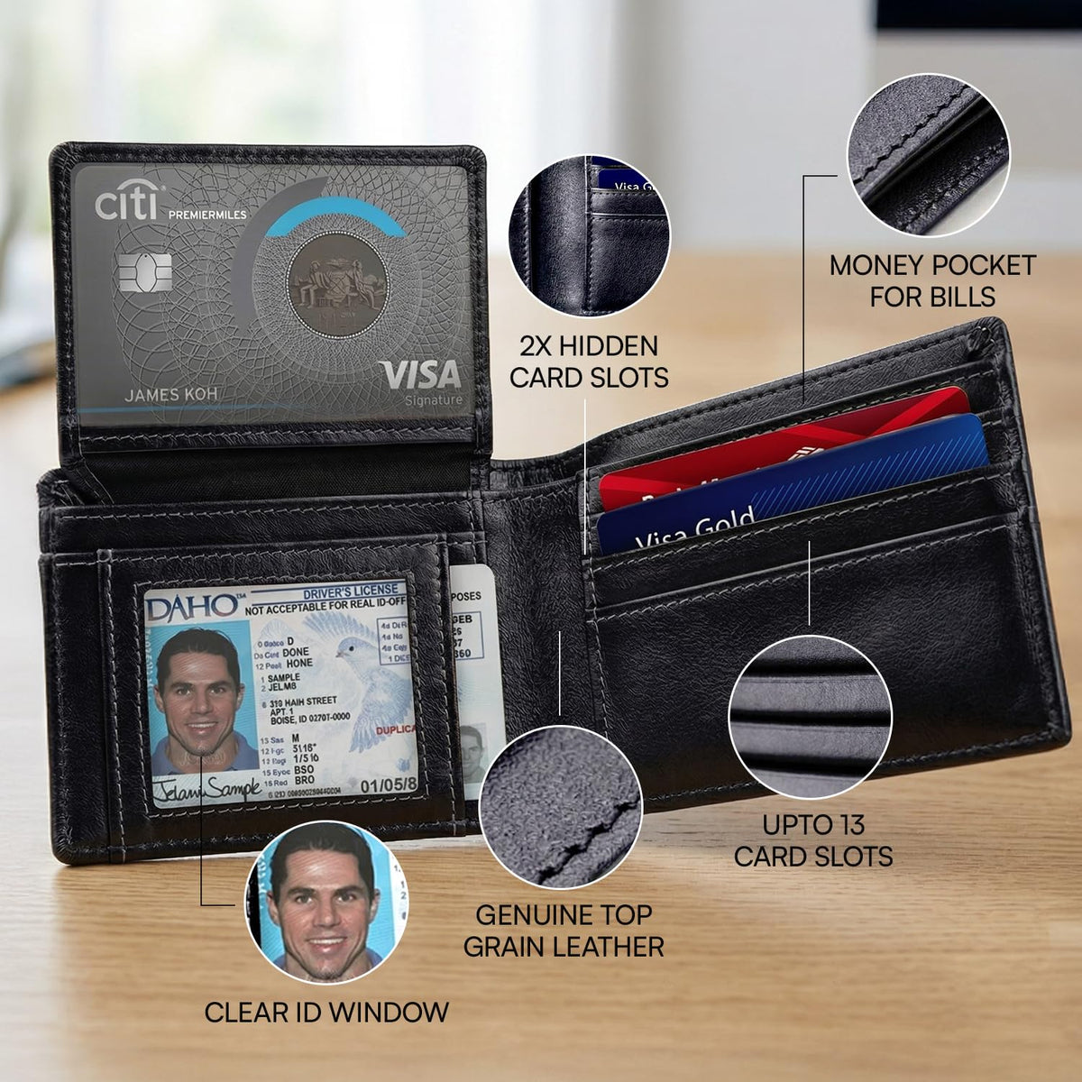 Cuir Jackets Top Grain Leather Wallet for Men | RFID Blocking Genuine Leather Wallets for Men | Secure and Durable Extra Capacity Bifold Wallet with 2 ID Windows and Upto 9 Card Slots (Black)