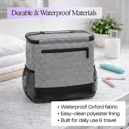 Opaal 11” Tall Vertical Makeup Organizer Bag – Professional Hairstylist Travel Bag for Hair Tools & Hairspray – Large Standing Waterproof Cosmetology Case for Full-Size Toiletries & Bottles