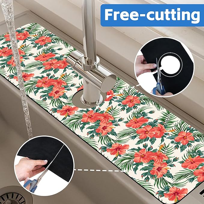 Tropical Leaves and Red Floral Kitchen Sink Splash Guard Mat Absorbent Fast