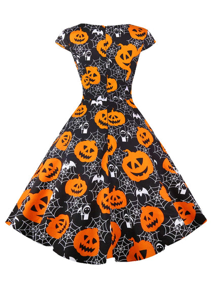 PUKAVT Women's Cocktail Party Dress Cap Sleeve 1950 Retro Swing Dress with Pockets Pumpkin L