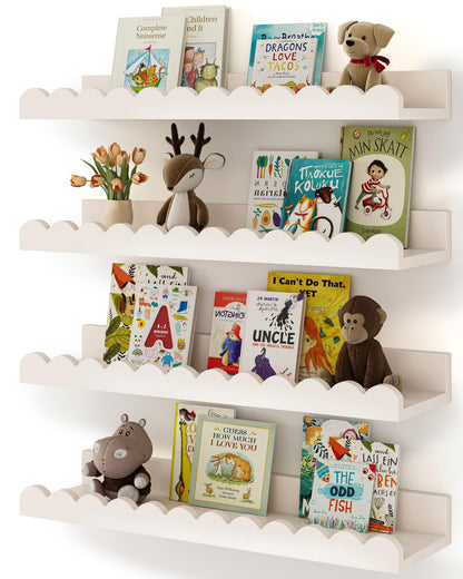 4-Pack White Floating Shelves for Wall, Nursery Book Shelf, Scalloped Design, Kids Bedroom, Toddler Room, Baby Room Decor