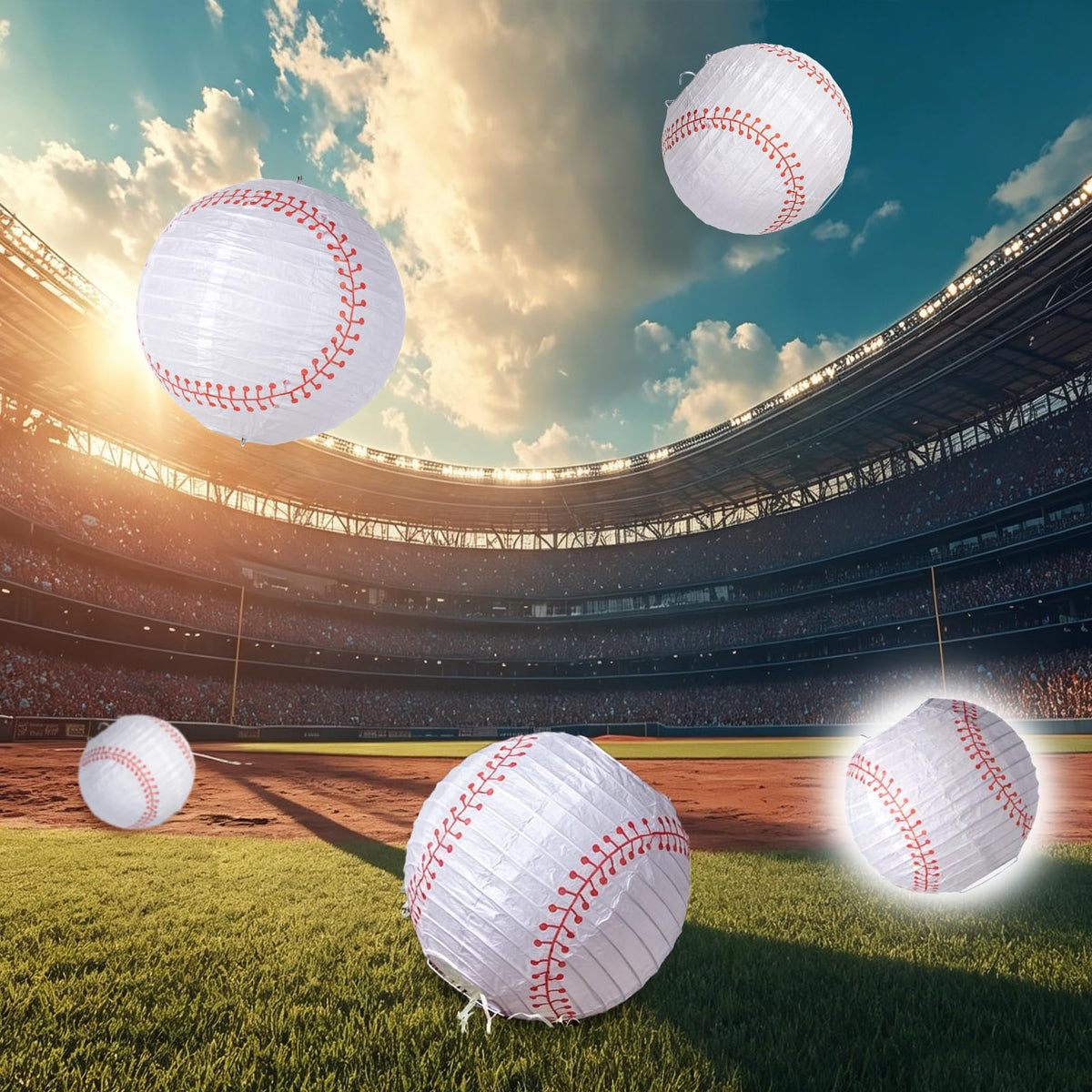 Easy Joy 8'' Baseball Paper Lanterns Sports Team Party Baseball Hanging Lantern Softball Party Decorations 3 Pieces