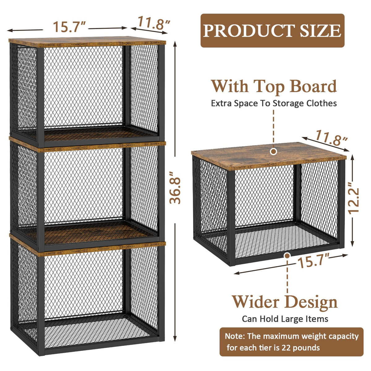 3 Pack Stackable Closet Organizers and Storage Basket, Closet Shelves with Wood Top Extra Storage, Multifunctional Clothes Organizer Bins/Cube Storage Drawer for Wardrobe Kitchen Laundry Room, Black