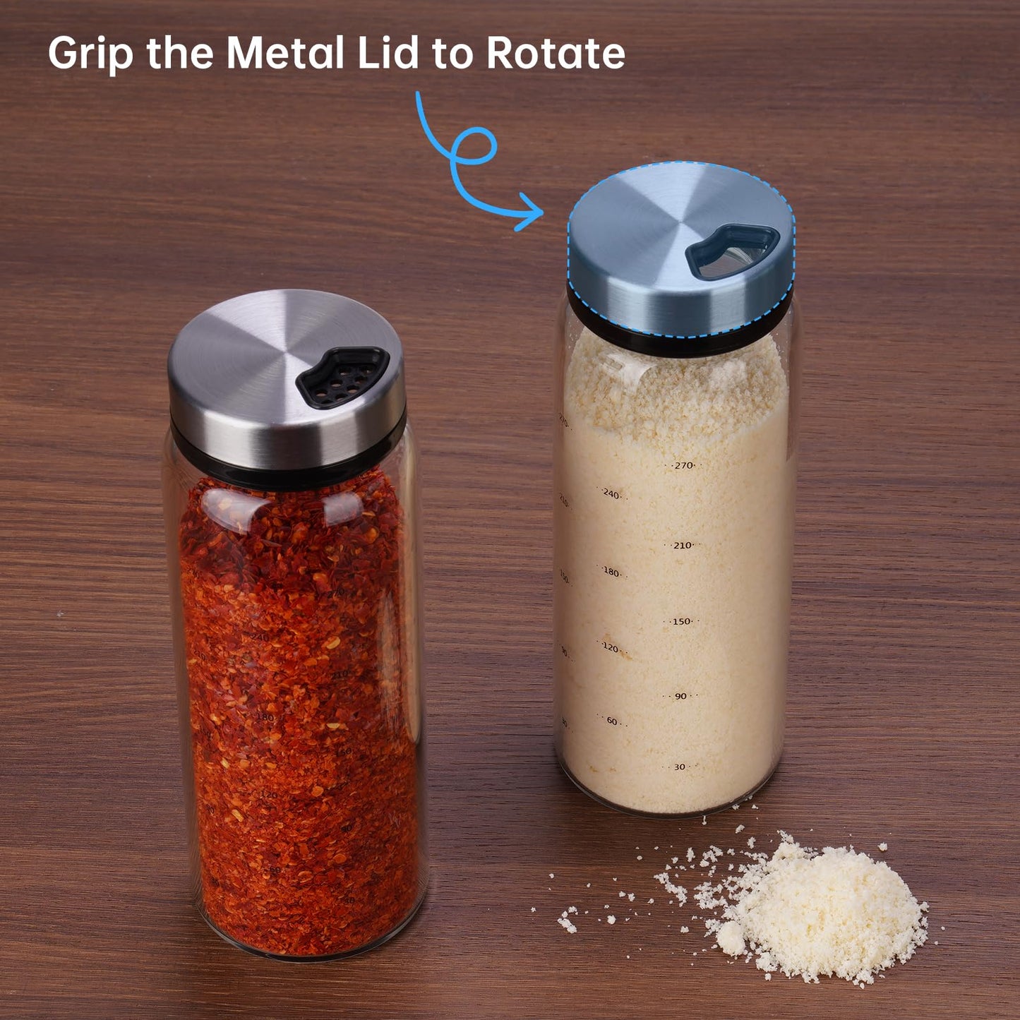 NiHome 2-Pack Spice Shakers with Adjustable Stainless-Steel Lids for Parmesan Cheese, Chili Flakes, Herbs, Salt, Pepper, 10oz Borosilicate Glass Seasoning Dispensers, Easy Refill and Dishwasher Safe