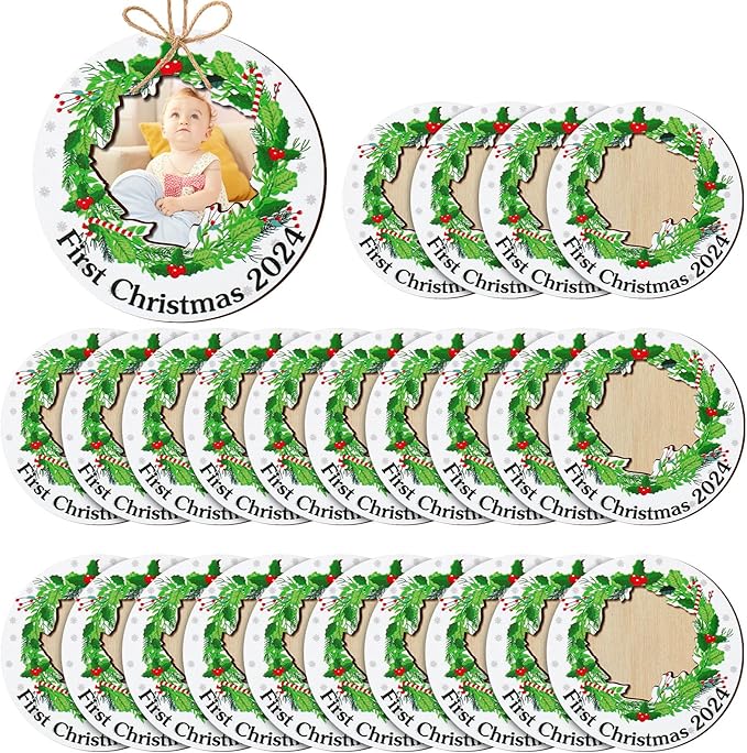 Blulu 24 Pcs Baby First Christmas Photo Ornament 2025 Christmas Pictures Frame Bulk Christmas Hanging Picture Frames Wooden for Xmas Tree Baby Gifts Keepsake