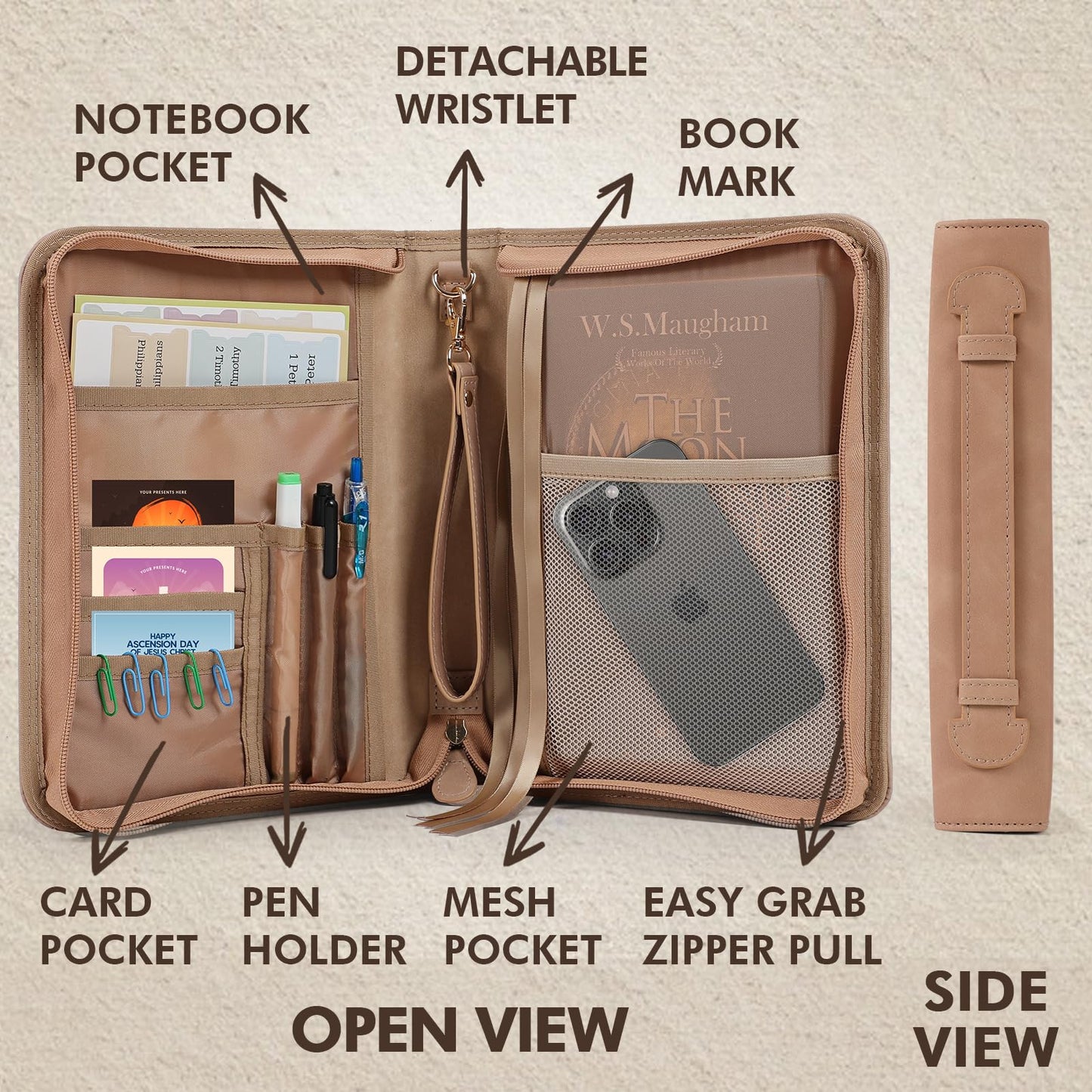 Bible Cover Case, Portable, Leather Carrying Case with Handle&Zippered Pocket for Standard Size and Bible Accessories, Small Bible Bag, Ideal Gift for Women Men Lady Girls