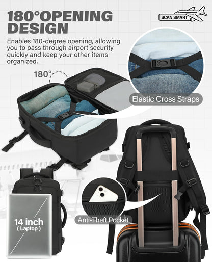 VANKEV Ryanair Cabin Bag 40x20x25 Underseat 20L Travel Bag Hand Luggage Backpack Carry-ons Bag Cabin Size Suitcases for Airplanes Flight Bag Travel Rucksack Fit 14 Inch Laptop Black