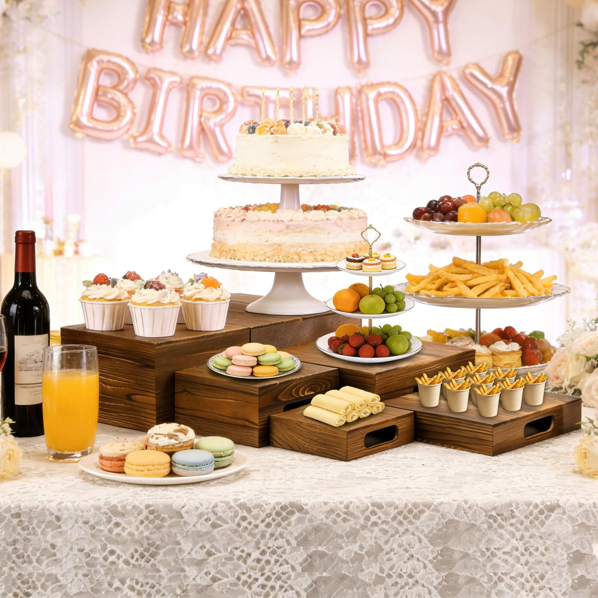 nplehome 8 Pack Buffet Risers Wood Display Stands Cupcake Stand Catering Supplies Buffet Display with Mini Signs Food Risers for Buffet Table Display Stand for Party, Wedding, Birthday