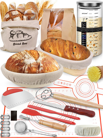 Sourdough Bread Baking Kit - Breads Making Tools - Complete Sourdough Starter Kit with Proofing Baskets, Jar, Dough Whisk, Pastry Mat, Bread Knife & Tools - Gifts for Bakers Women & Moms