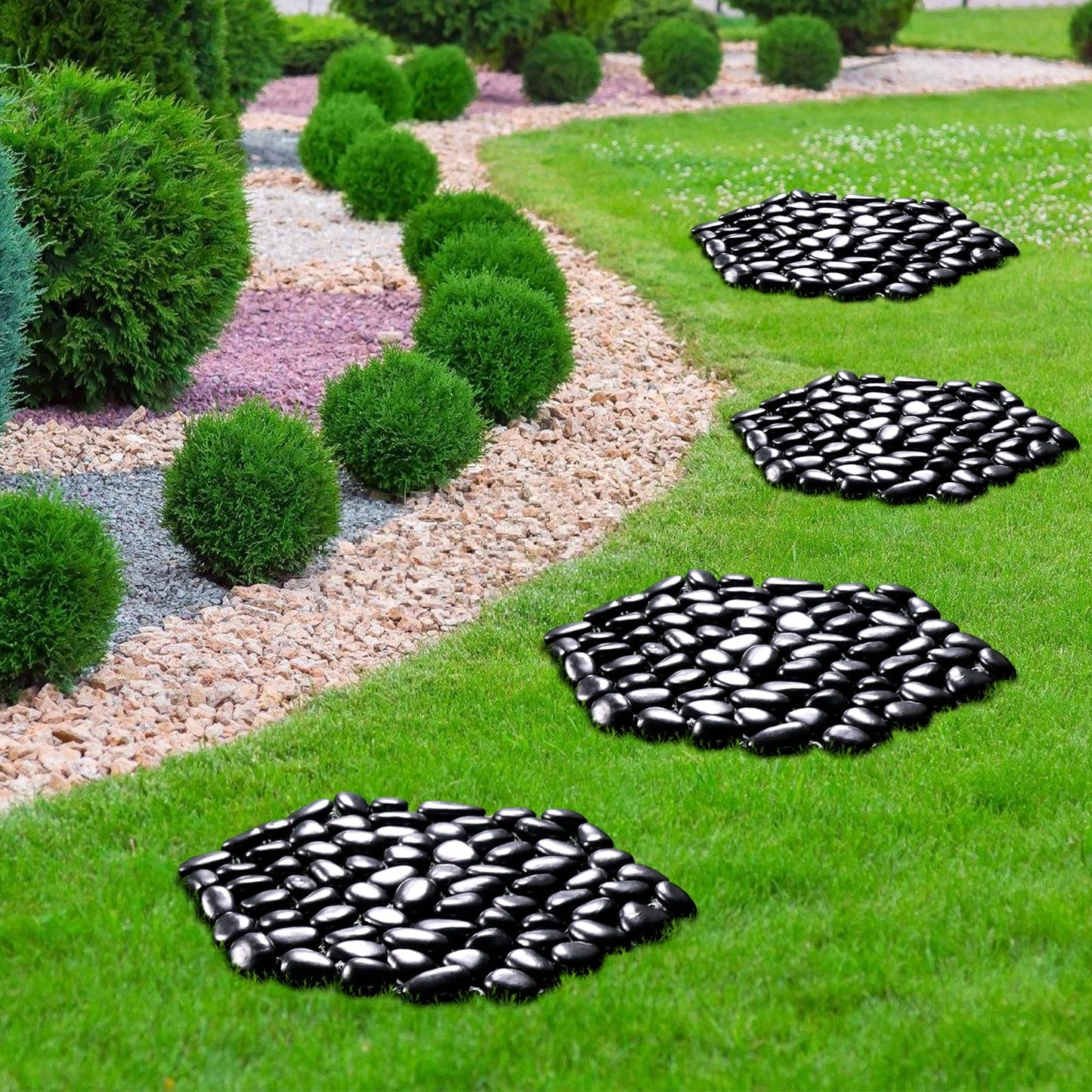 Ausluru 10in River Rock Stepping Stones Set - 6 Pack | Polished Pebble | Long-Lasting PVC Mesh Backing | Perfect for Garden Paths and Lawns Outdoor Landscaping Decoration | Black Rhombus