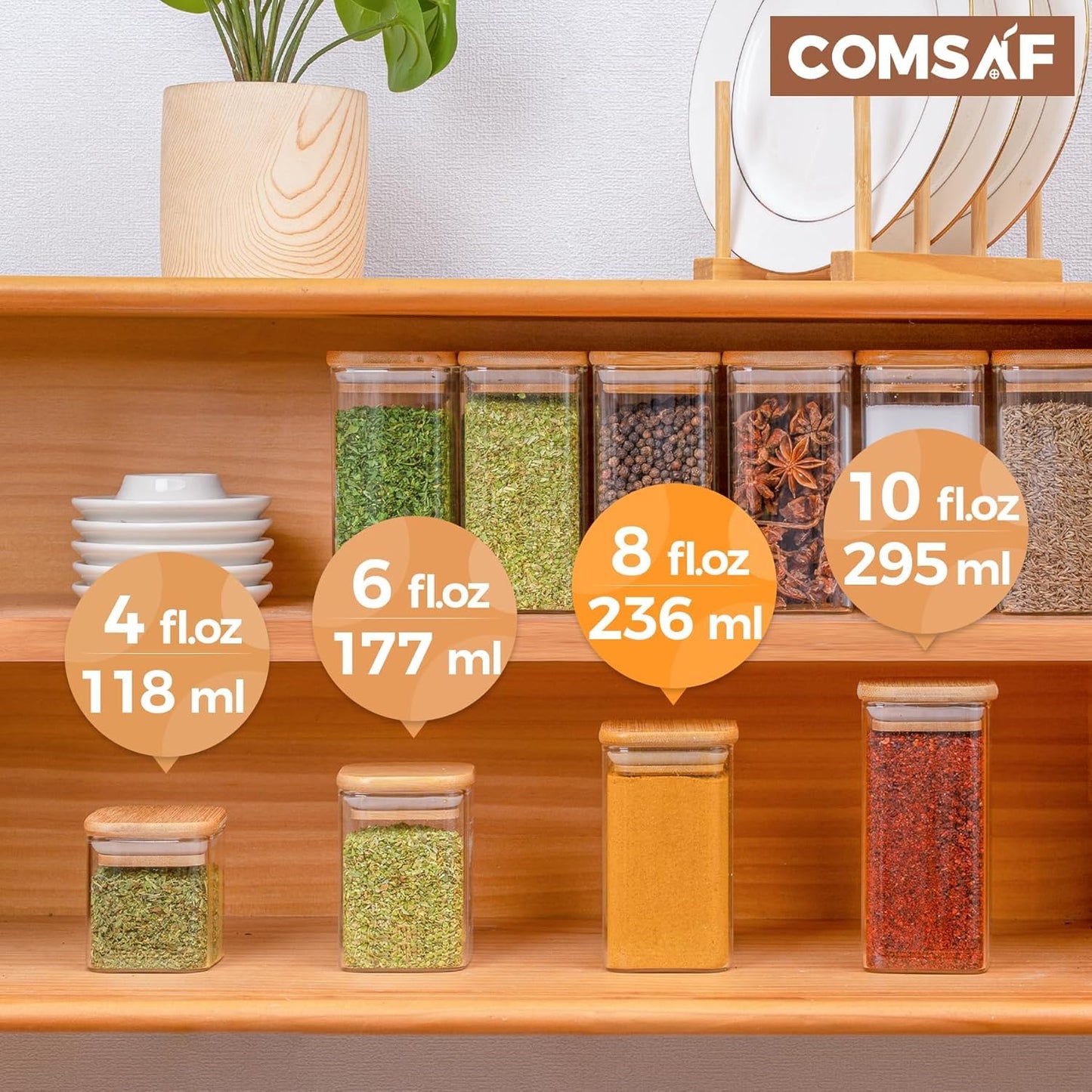 ComSaf 6Pcs 240ml Glass Spice Jars with Lids and Label, Glass Spice Bottle with Bamboo Lids Supplementary Set, Small Spice Container, Perfect for Ktichen Starter