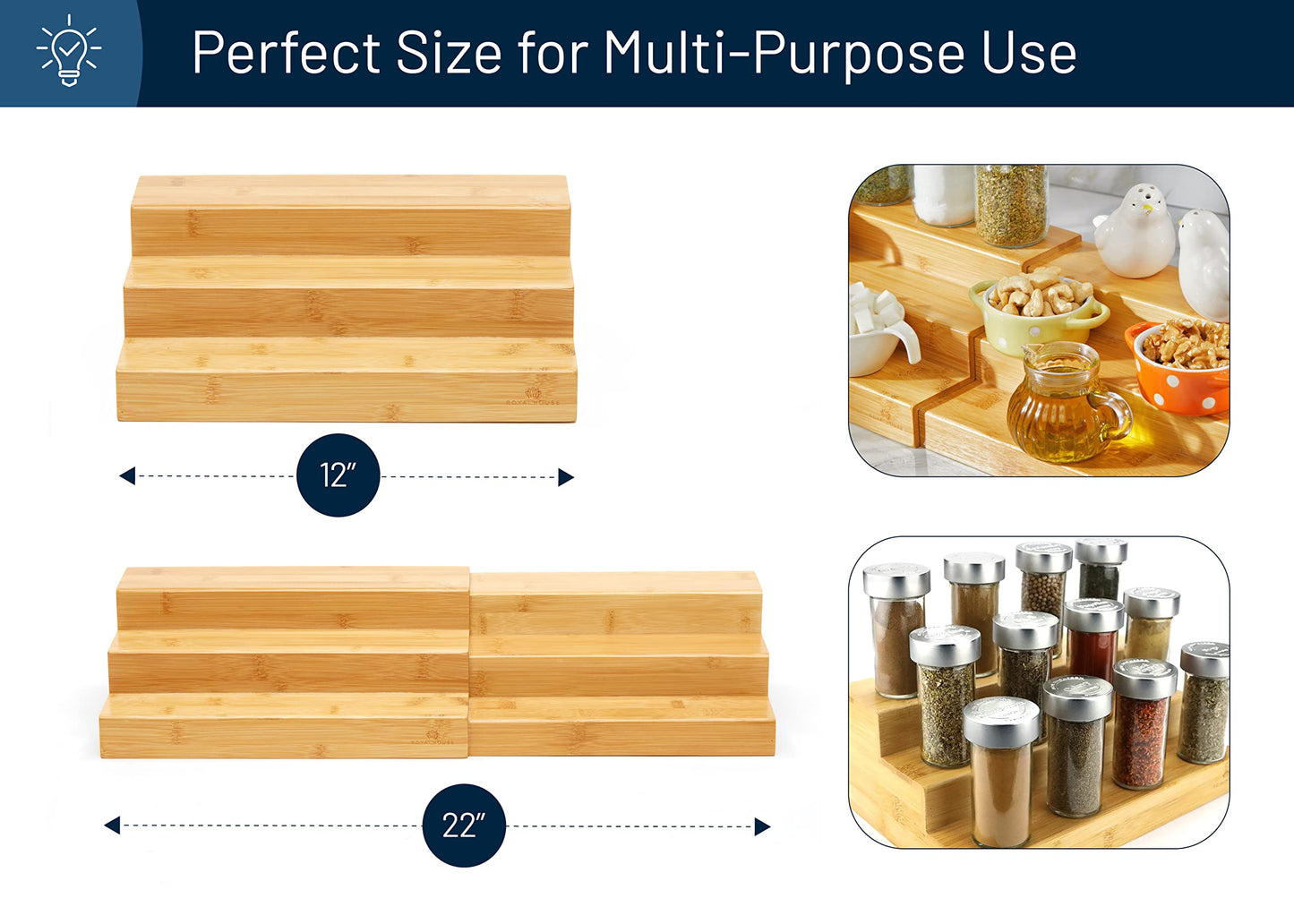 RoyalHouse Bamboo Expandable Spice Rack Organizer, 3-Tier Adjustable Kitchen Cabinet, Countertop Display Shelf, Space Organizer for Kitchen and Bathroom
