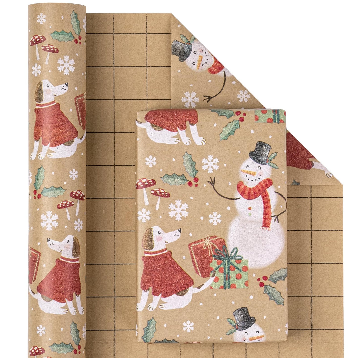 WRAPAHOLIC Kraft Christmas Wrapping Paper - Mini Roll - 17 Inch x 33 Feet - Snowman and Christmas Dog Wrapping Paper for Holiday, Party Celebration