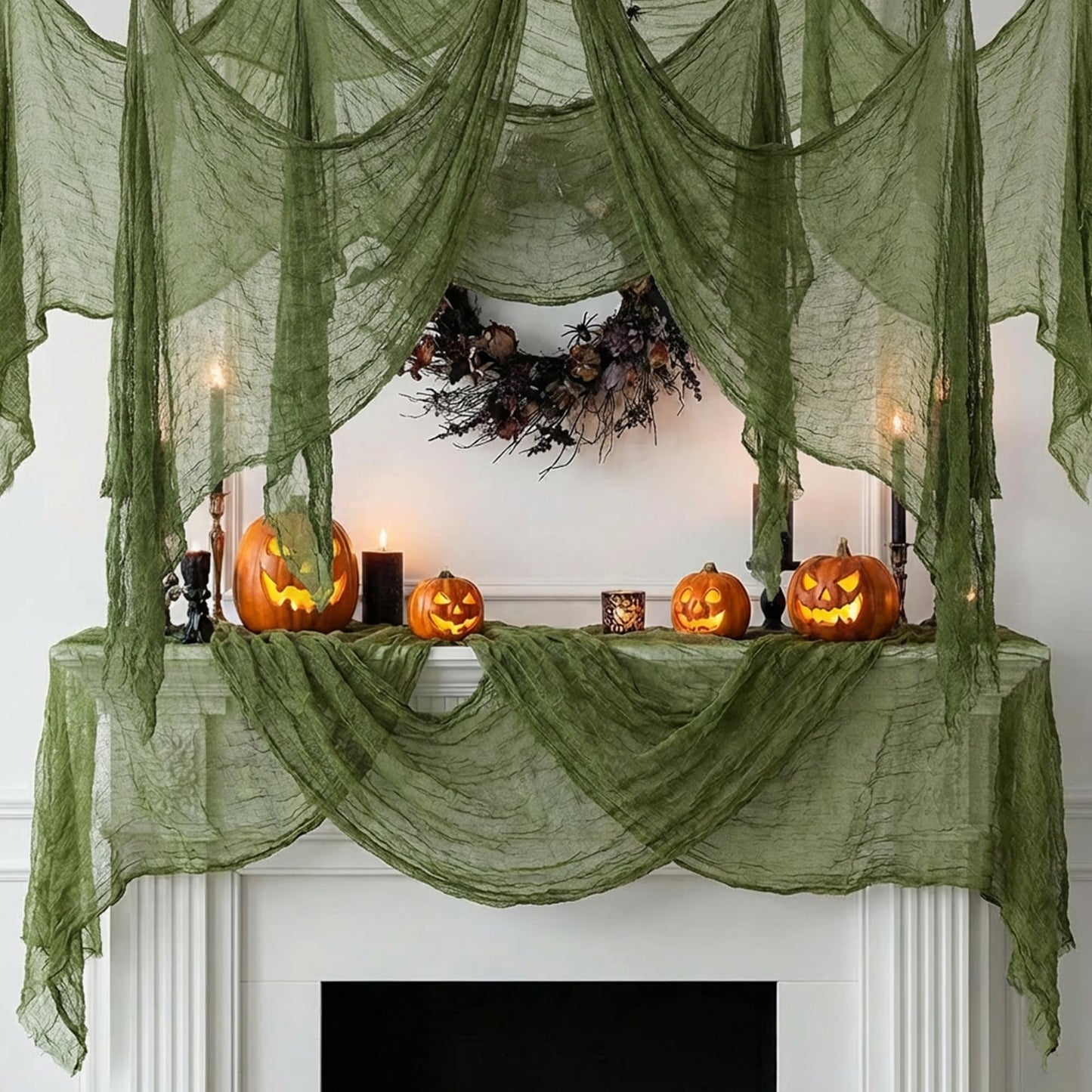 Watayo 400 x 85 Inches Halloween Dark Green Creepy Cloth, Oversize Halloween Cheese Cloth, Scary Spooky Fabric Gauze for Outdoor Haunted House Yard Doorway Decor