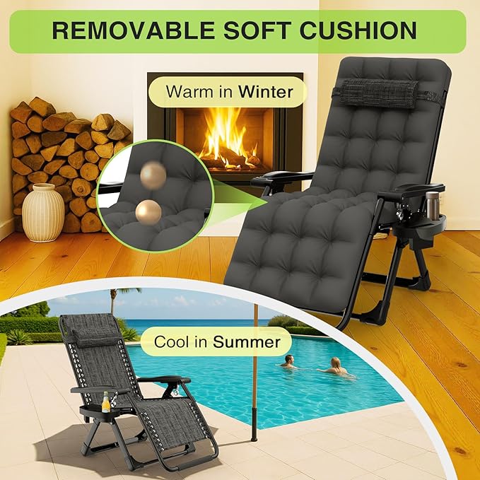 Suteck Zero Gravity Chair, Reclining Camping Lounge Chair w/Removable Cushion, Upgraded Lock and Cup Holder, Reclining Patio Chairs Folding Recliner for Indoor and Outdoor