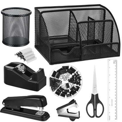 Black Desk Organizer and Accessories, Black Desk Asccessories Office Supply Kit Include Mesh Desktop Organizer Stapler 1000 Staples Tape Dispenser Pen Holder Staple Remover Clips Ruler Scissors