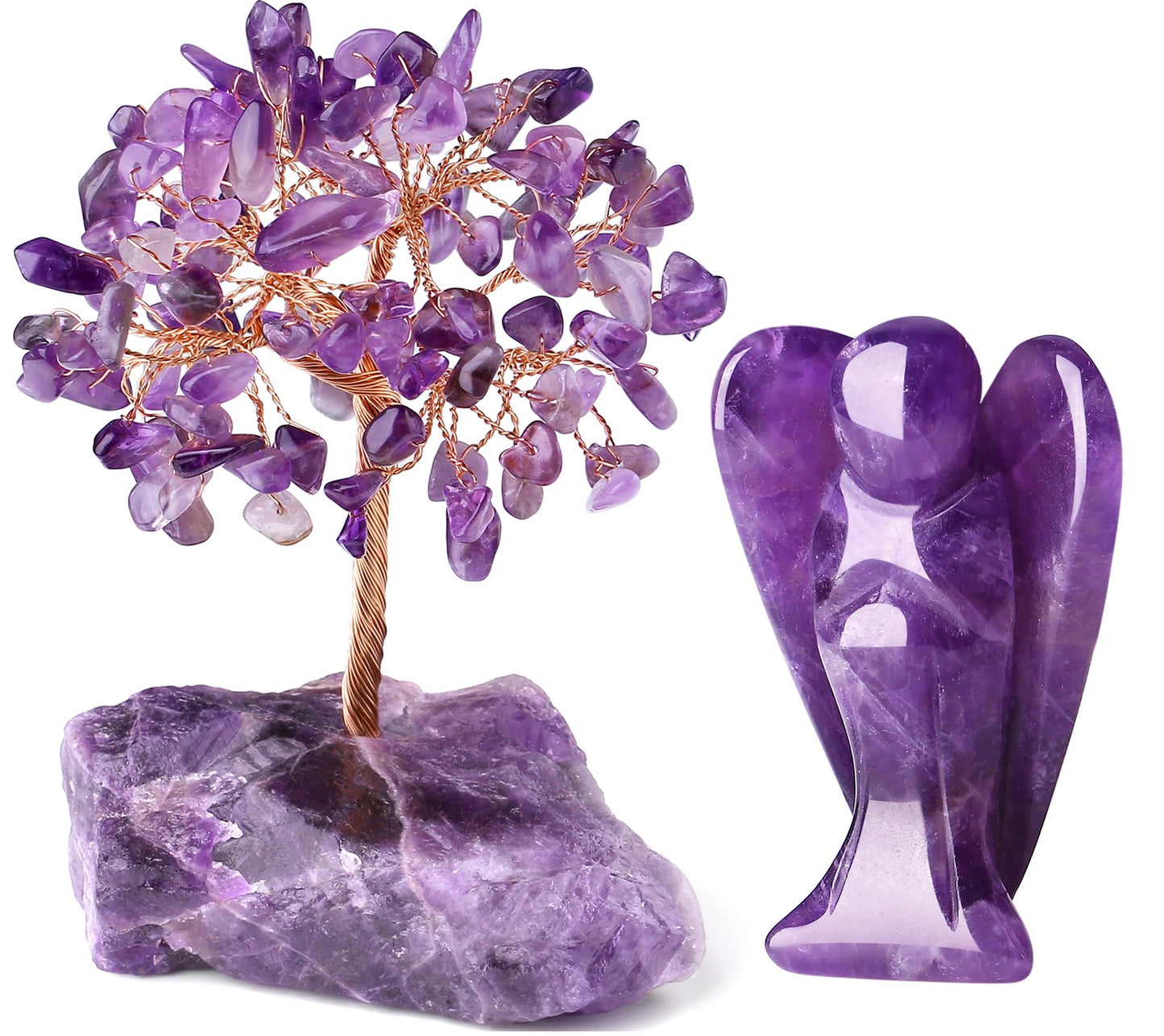 QINJIEJIE Bundle of Amethyst Crystal Tree and Guardian Angel Gemstone Decor Statue Polished Crystal Natural Reiki Gemstone Tree Life Stone Base Copper Wire Office Desk Room Home Decor Gift