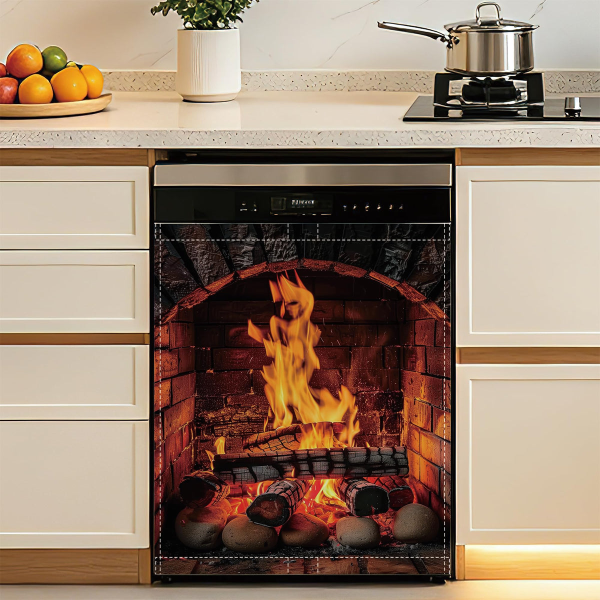 Cozy Fireplace Dishwasher Cover Panel Magnetic,Rustic Warm Home Dishwasher Magnet Decorative Cover for Refrigerator Kitchen Home Decor Reusable Waterproof 23x26 Inch