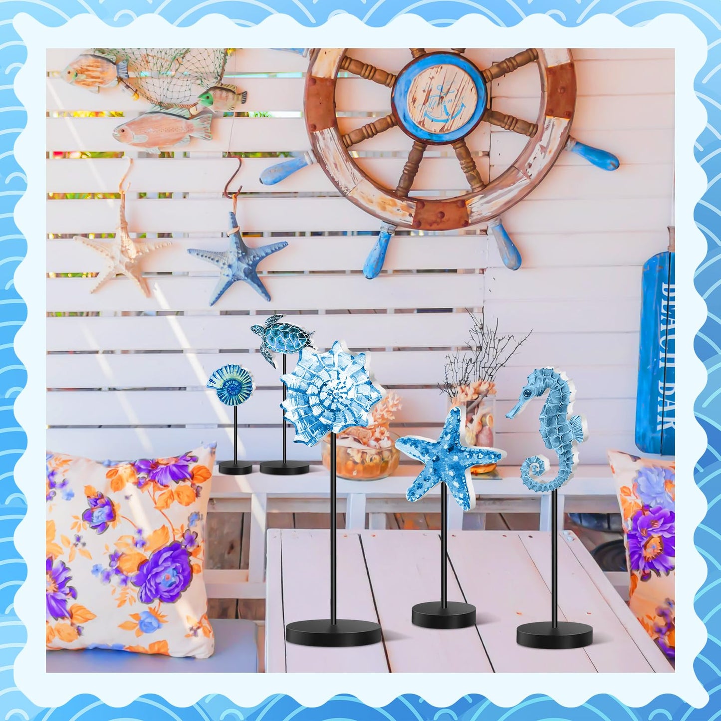 Wenqik 6 Pcs Summer Ocean Wood Table Sign Standing Wooden Starfish Sea Turtle Seashell Shell Tabletop Home Decor Rustic Wooden Tabletop Centerpiece Standing Block Decorations for Farmhouse Kitchen