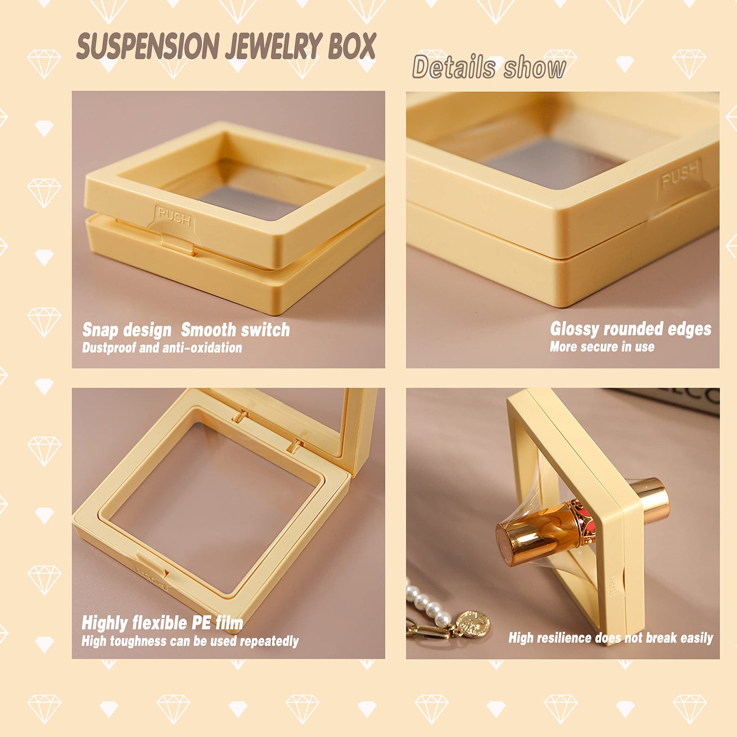 ITUTOO 12PCS 3D Floating Frame Display Stand, Jewelry Case, Gift Box, Ornament Organizer, Small Travel Jewelry Box, PE Film Anti-Oxidation, Suspended Display Box Stackable (Mixed color, 2.76 * 2.76)