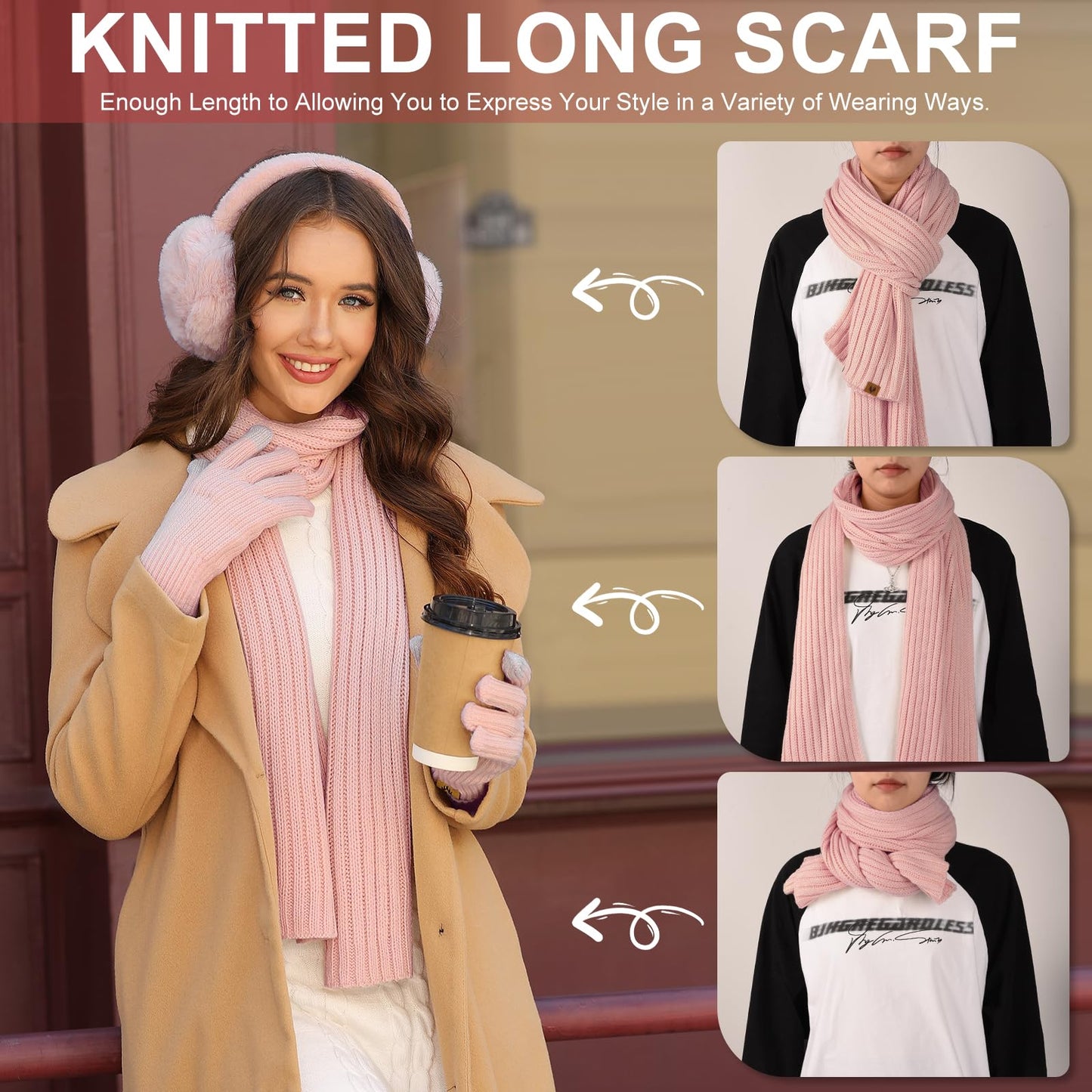 Yusongirl Winter Women Scarf Gloves Beanie Ear Muffs Socks Set Cold Weather Warm Knit Hat Fleece Long Neck Warmer 5 in 1 Set(Pink)