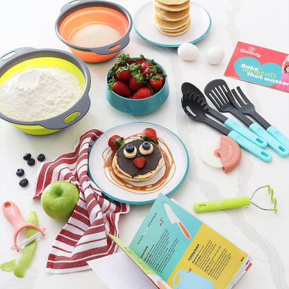 Baketivity Kids Cooking Set Real Utensils With Kitchen Tool Guide - Complete Junior Cooking Set Gift For Girls Or Boys With Mixing Bowls, Cutting Board, Knife, Apron - Kids Baking Set For Real Cooking