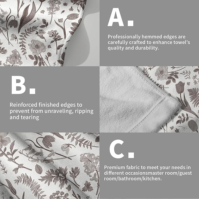 Spring Floral Hand Towels for Bathroom Set of 2 Dark Brown White Flower Leaves