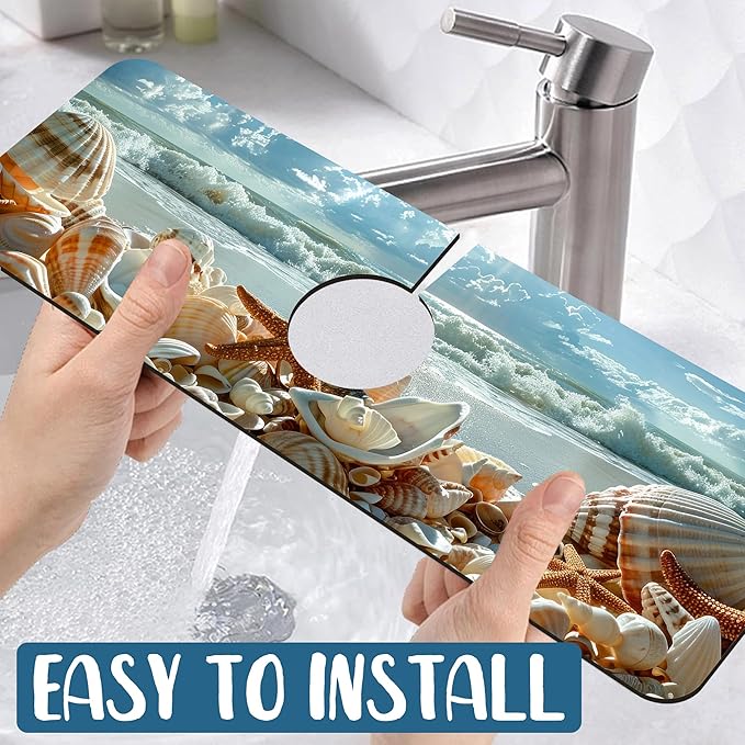 Beach Kitchen Sink Splash Guard Faucet Mat Shells Starfish Waves Super