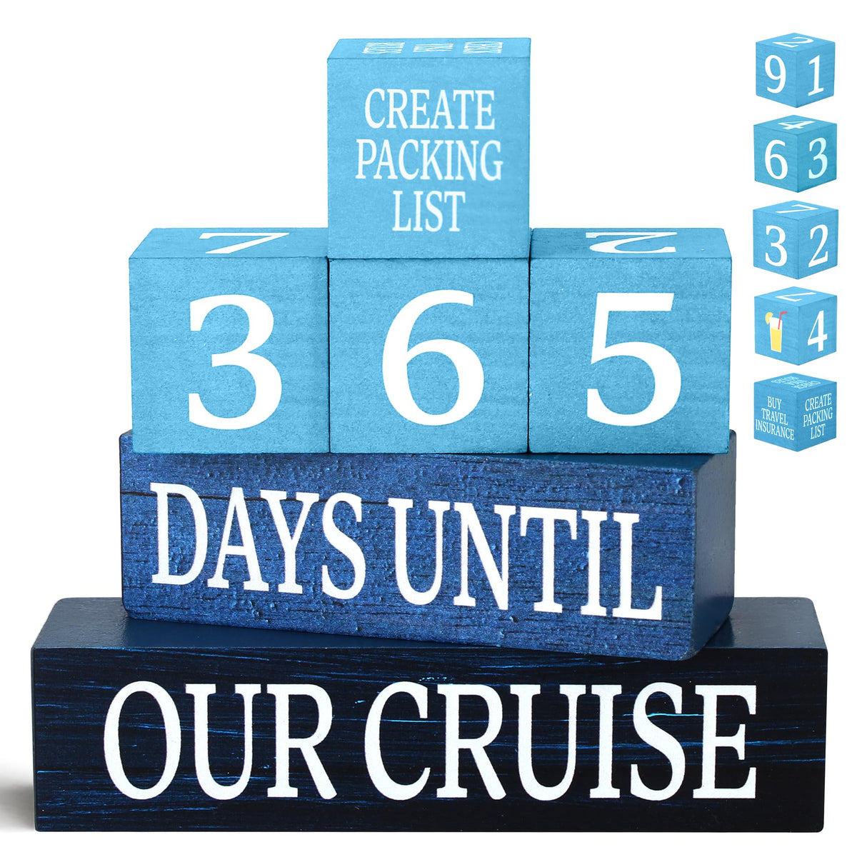 7 Pcs 365 Days Cruise Countdown Wooden Table Decor, Cruise Activities Decision Dice Table Decorations for Home Office