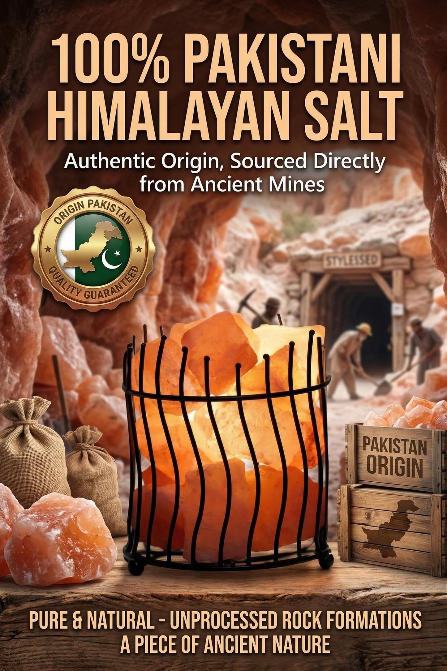 Himalayan Decorative Salt Basket Lamp with Salt Chunks, Natural Pink Salt Rock Lamp, Metal Basket Accent Light with Warm Amber Illumination, Ideal for Home, Offices, Gift (UL & FCC Certified)