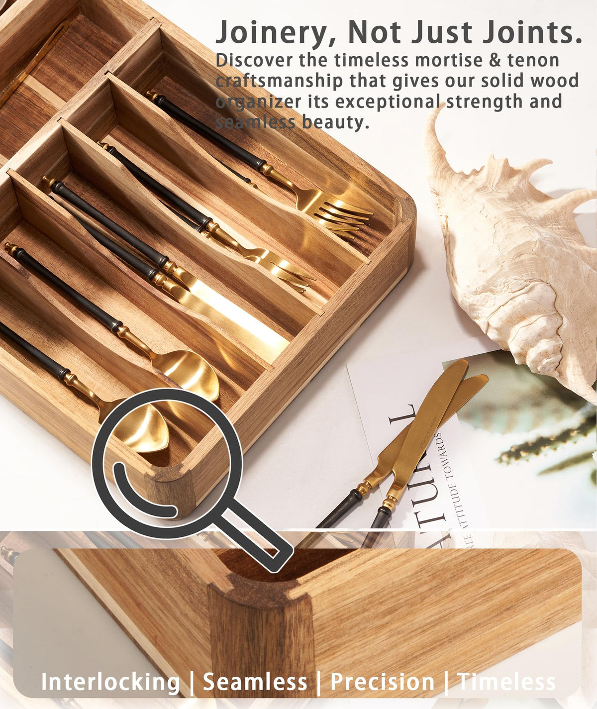 blossome better addition to better life Silverware Drawer Organizer, Acacia Wood Tray for Cutlery & Flatware | Fixed 10.5" Wide, 7-Compartment Utensil Holder for Forks & Spoons