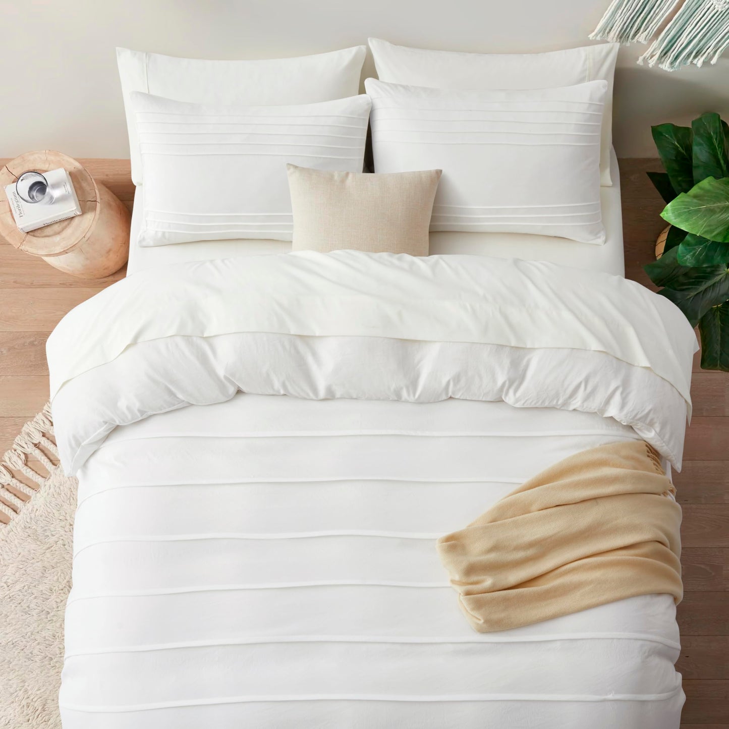 Oli Anderson White Duvet Cover Queen Size - Pleated Queen Duvet Cover, 3PCS Soft and Breathable Textured Bedding Set with Zipper Closure(White,90"x90")