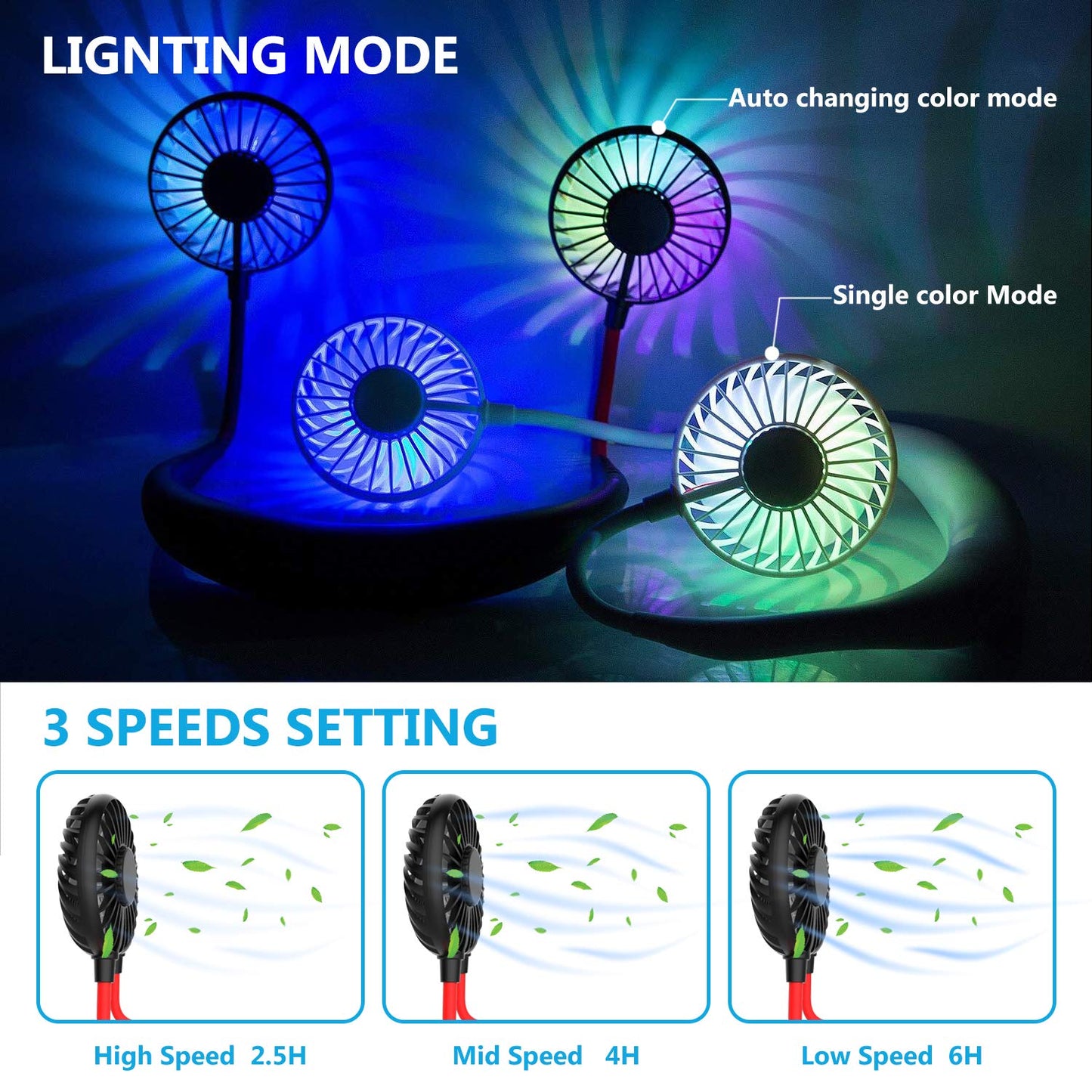 Portable Neck Fan, Handsfree Mini USB Neck Fan Rechargeable Wearable Neckband Fan, Desk Fan, Necklace Fan with Dual Wind Head 3 Speeds LED Light for Traveling Sport Outdoor Camping Office (Black)