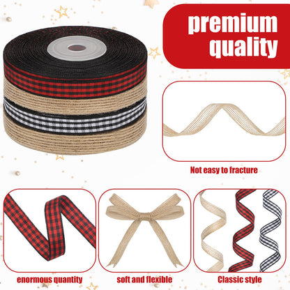 Xinnun 4 Rolls 100 Yards Christmas Ribbons Black Red Buffalo Plaid Fabric Ribbon Black and White Checked Gingham Ribbon Natural Burlap Ribbons Rustic Wrapping for DIY Craft Party Decor(0.6 Inch)
