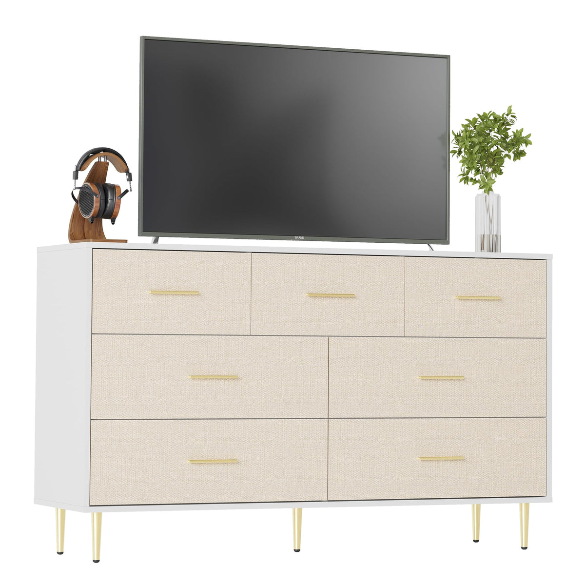 Garvee White Dresser, Modern 7 Drawer Dresser for Bedroom with Gold Handle and Legs, Wooden Nightstand with Linen-Textured Surface, Narrow Accent Cabinet End Table for Living Room, Hallway, Entryway