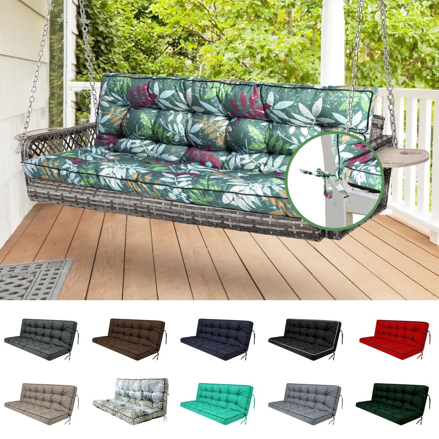 YQNUCO Outdoor Swing Cushions, Waterproof Porch Swing Cushions 3 Seater Replacement with Backrest, 4" Thicken Bench Cushion with Ties for Backyard, Patio, Lawn and Garden (Green Flowers, 55 inch)