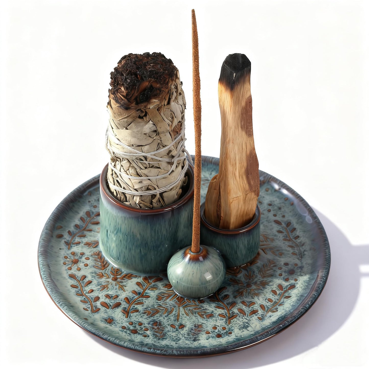 Reyife 5 in 1 Incense Holder Burner, 5.9" Ceramic Holder for Burning Palo Santo Sage Candle and Incense Sticks Cones, Ash Catcher Tray for Meditation Room Home Décor (Bluegrey)