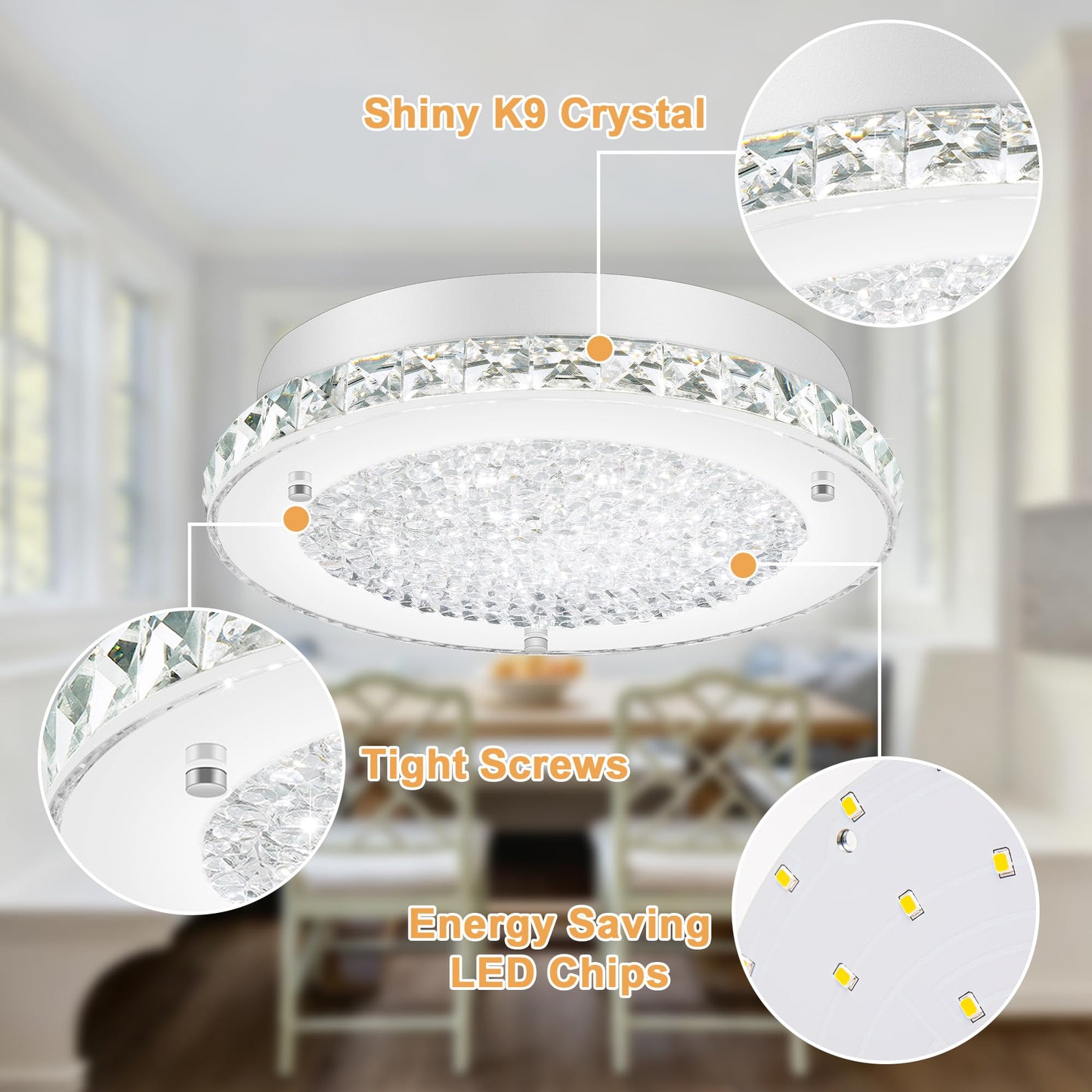 DHK wot Crystal Ceiling Light Fixture Modern Crystal Light Fixtures Ceiling Mount for Bathroom, Hallway, Porch, Laundry Room, Cloakroom, 11", 3000/4000/5000K, LED, Dimmable