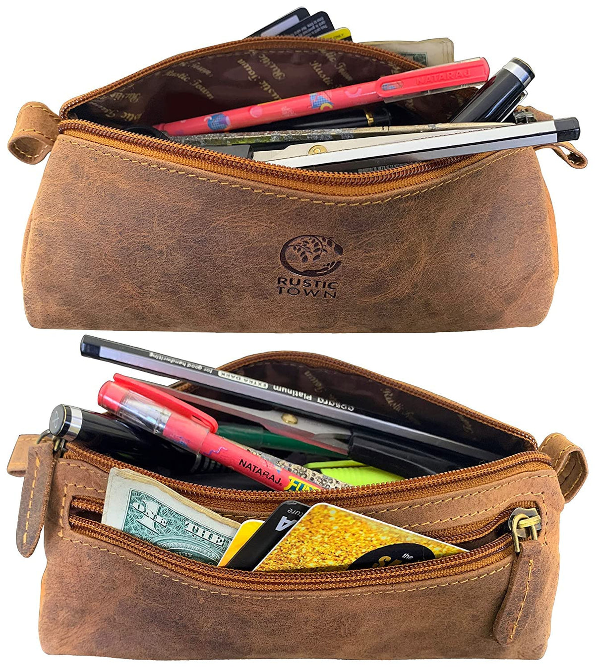 Rustic Town Leather Pencil Case - Vintage Zippered Pencil Pouch & Pen Case for Adults, Artists, Writers - Gift for Men & Women