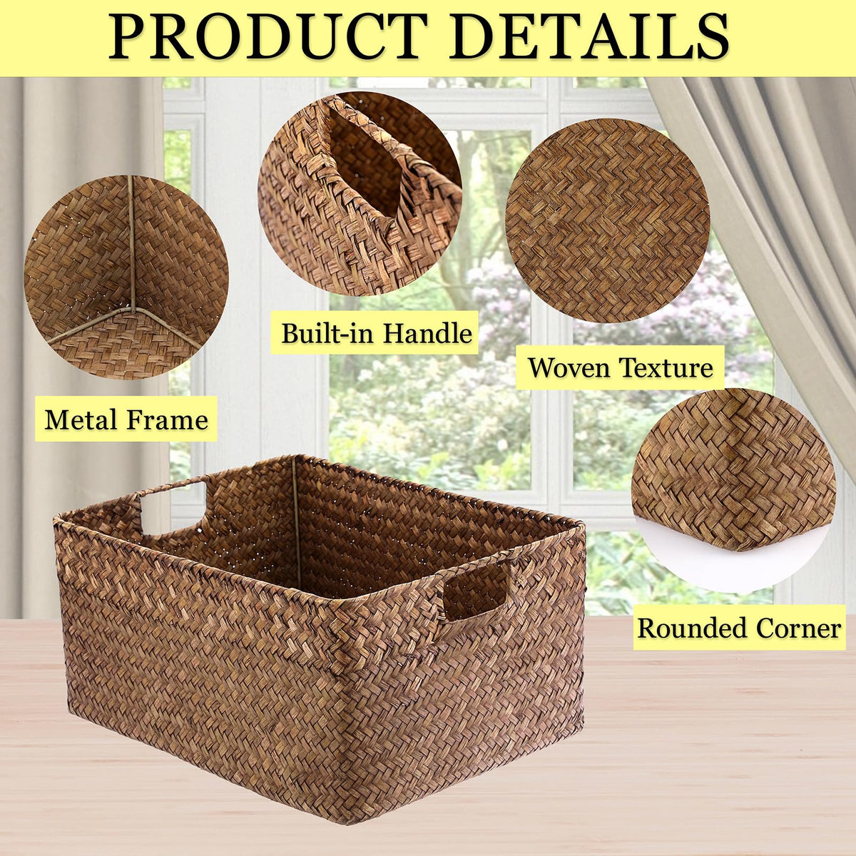 Hipiwe Seagrass Storage Baskets Bin for Shelf Handwoven Wicker Baskets Built-in Handles Rectangular Closet Bedroom Organizer Box Multipurpose Storage Basket Organizer,16.1"L x11.8"W x7.7"H