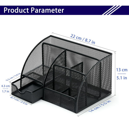 Boutilon Mesh Desk Organizer Desktop Office Supplies Stationary Organizer with 6 Compartments and 1 Drawer Multi-Functional Caddy Pen Holder for Home Office School Desk Decor(Black)