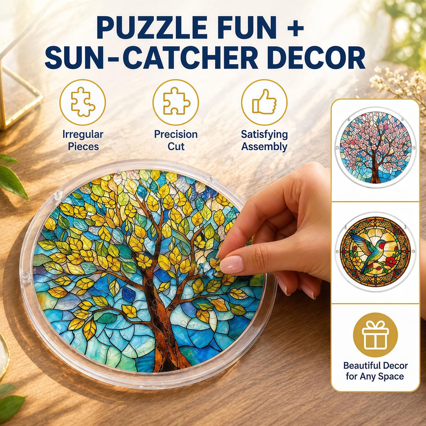 Acrylic Jigsaw Puzzle Suncatcher, Golden Tree Acrylic Puzzle Suncatcher for Adults, DIY Acrylic Jigsaw Art & Puzzle Window Hanging Ornament, Creative Home Decor Ornament with Whimsical Pieces