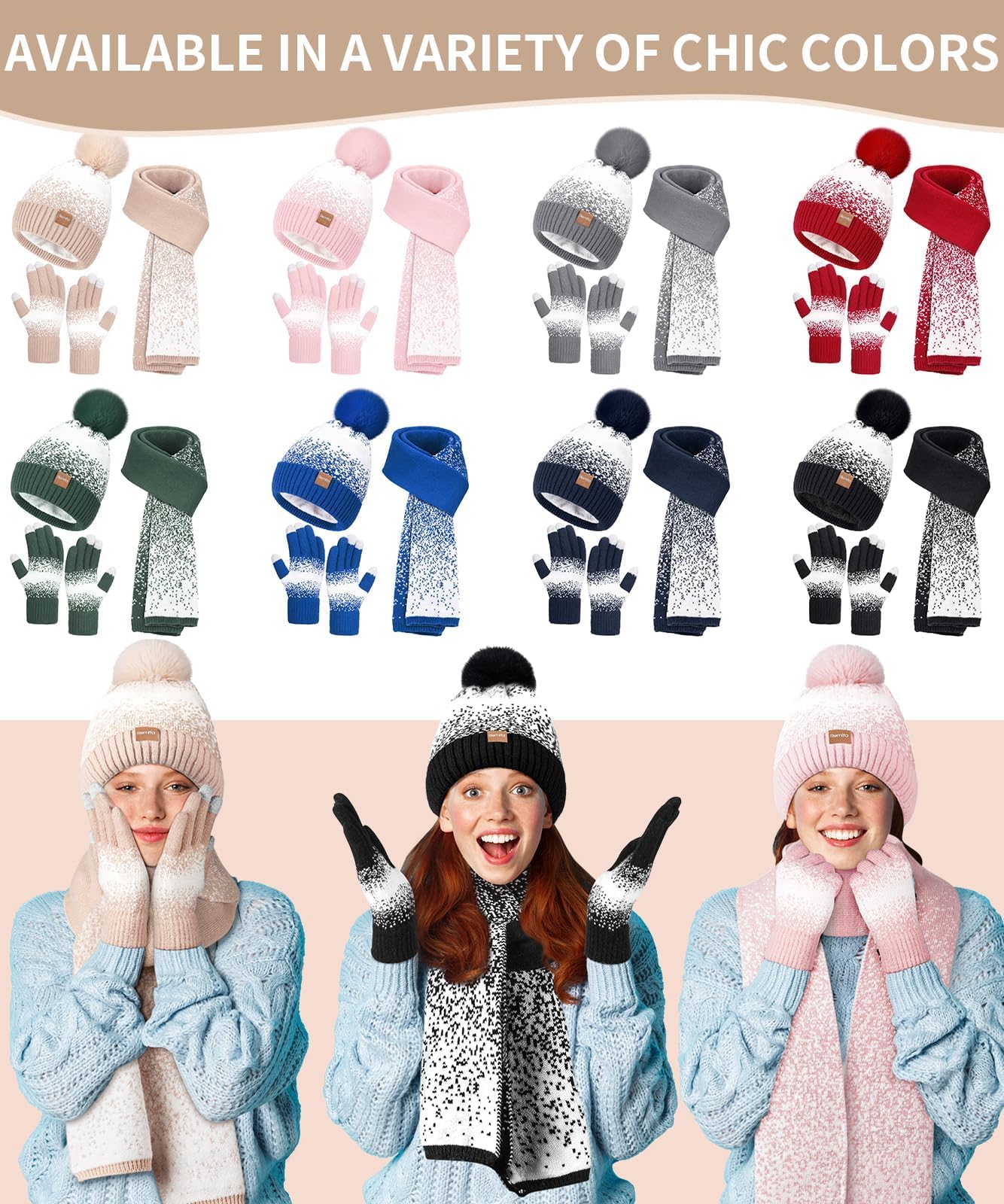 Winter Beanie Hat Scarf Gloves Set for Women, 3 PCS Warm Beanie with Pom Pom Long Knit Neck Scarf Touchscreen Gloves Fleece Lined Hat Winter Gifts for Cold Weather Birthday Christmas Gifts for Adult