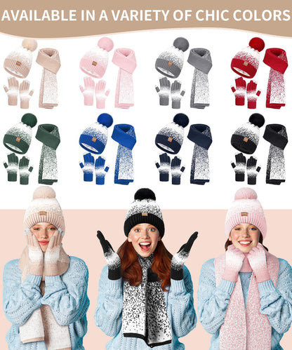 Winter Beanie Hat Scarf Gloves Set for Women, 3 PCS Warm Beanie with Pom Pom Long Knit Neck Scarf Touchscreen Gloves Fleece Lined Hat Winter Gifts for Cold Weather Birthday Christmas Gifts for Adult